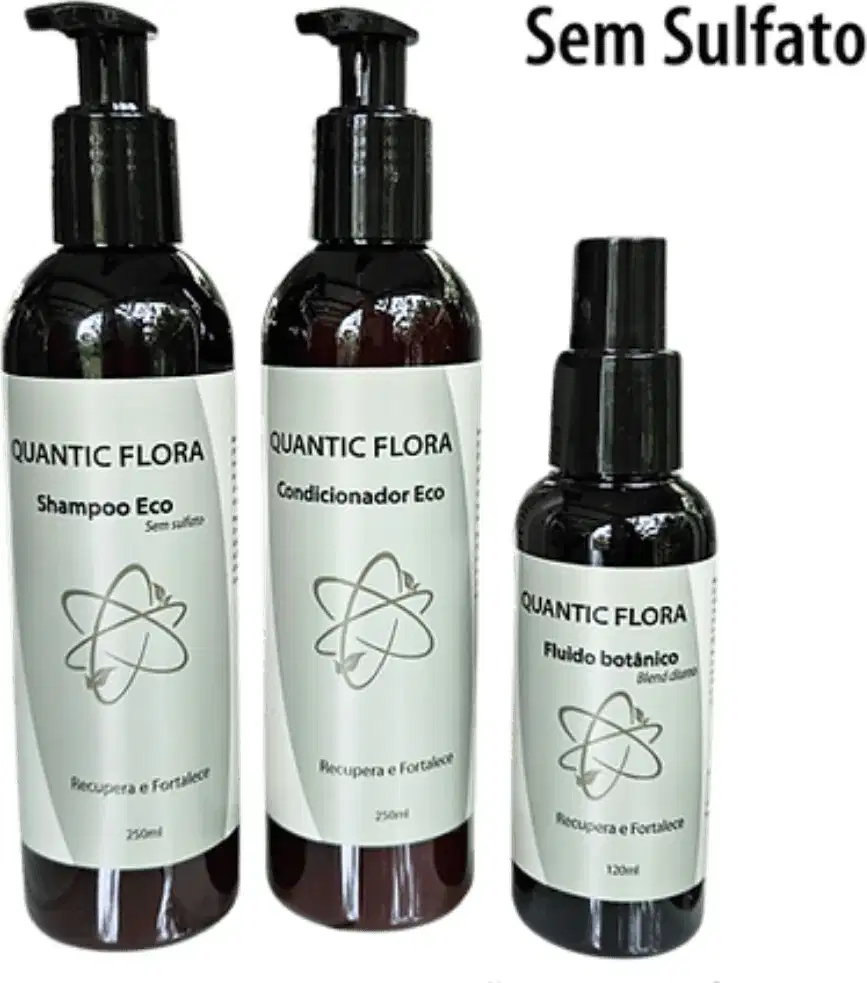 Kit com shampoo, condicionador e fluido capilar da marca Quantic Flora.