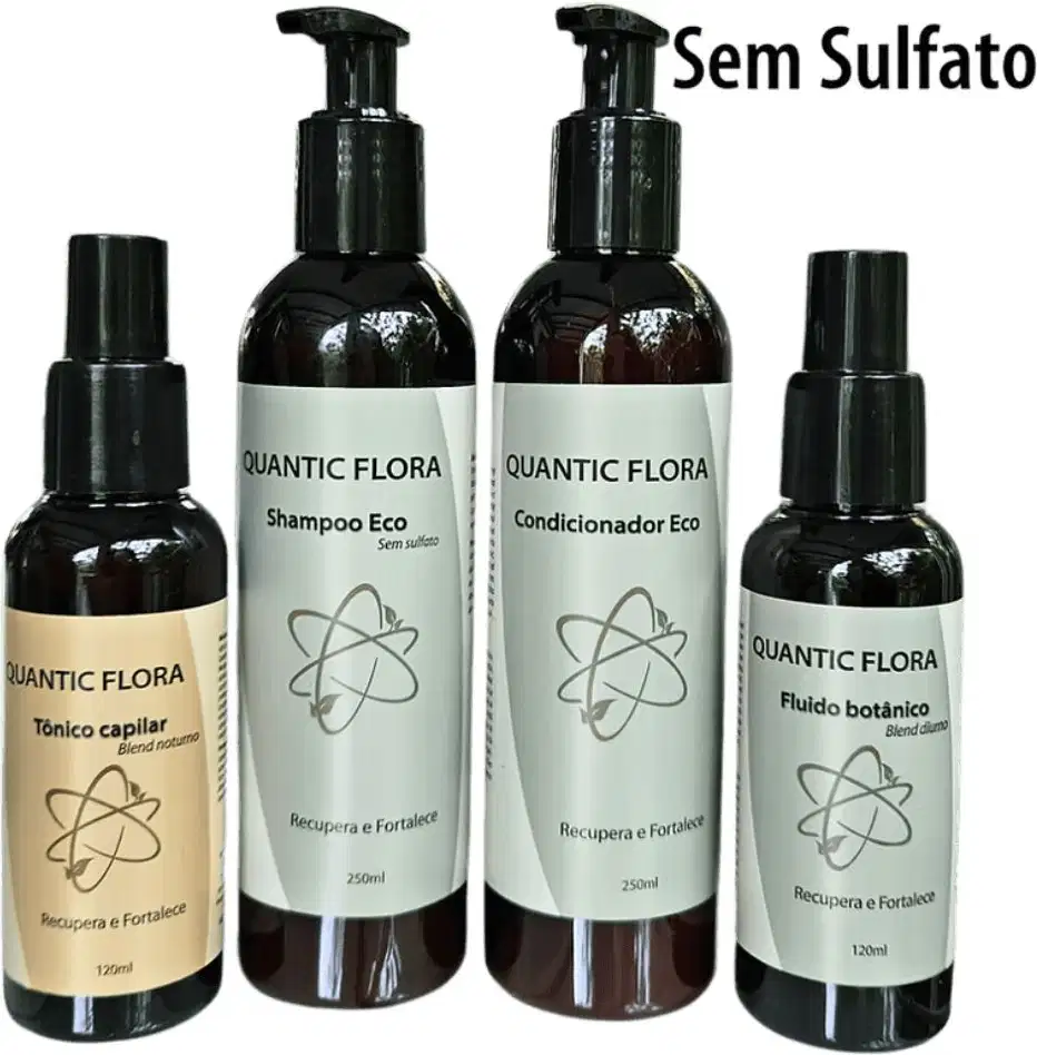 Kit com shampoo, condicionador, fluido capilar e tônico capilar da marca Quantic Flora.