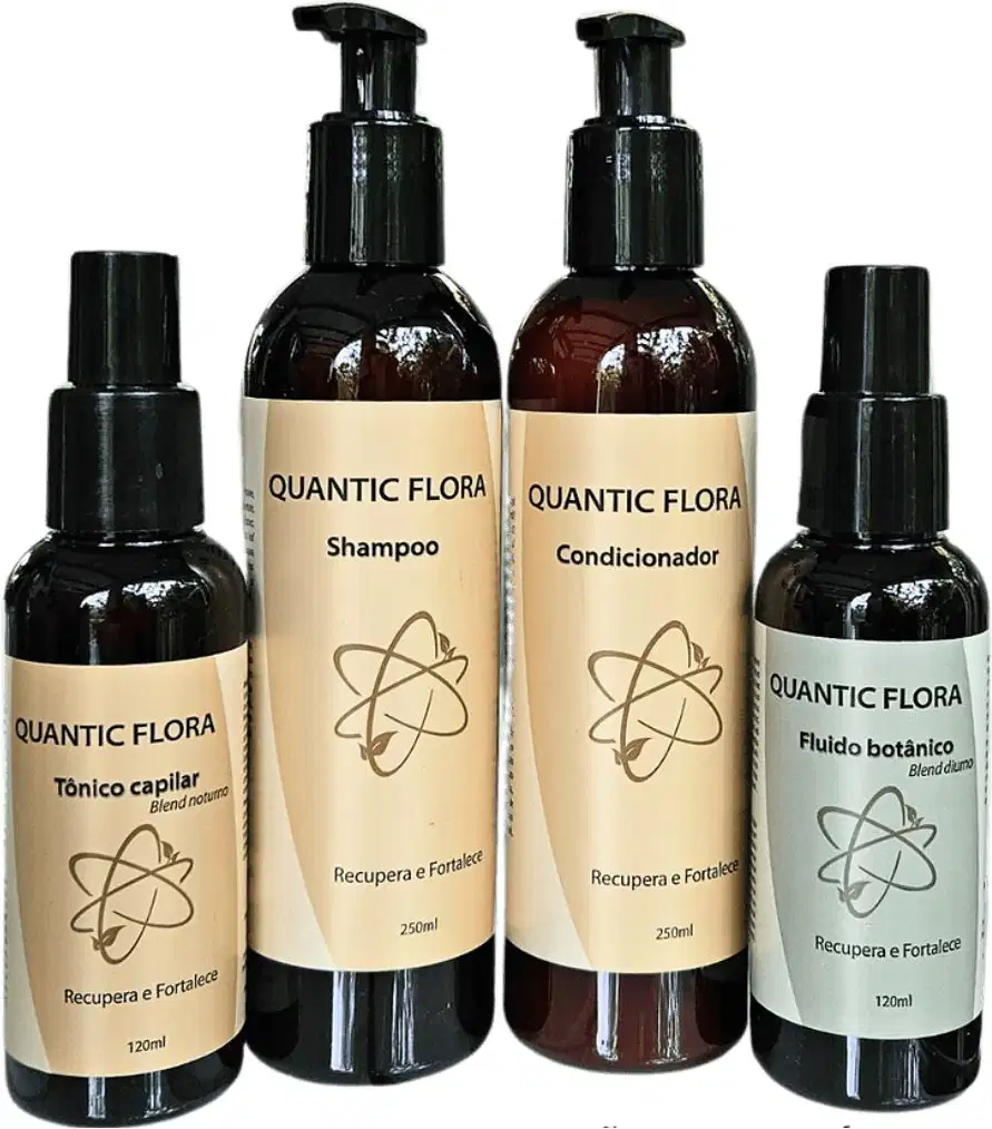 Kit com shampoo, condicionador, fluido capilar e tônico capilar da marca Quantic Flora.