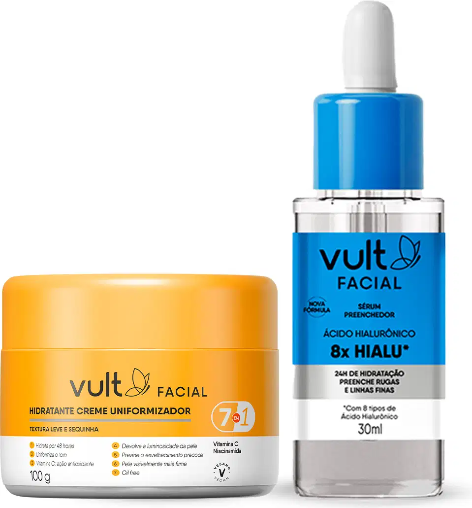 A imagem mostra um kit com dois produtos, um pote arredondado amarelo e branco e um frasco tipo conta-gotas transparente com rótulo azul e cinza.