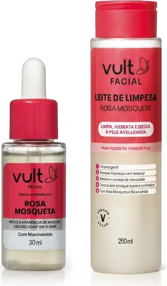 Dois produtos da marca Vult Facial: um sérum antimarcas de rosa mosqueta em frasco de 30ml e um leite de limpeza de rosa mosqueta em embalagem de 250ml, ambos com cores predominantes em vermelho e branco.