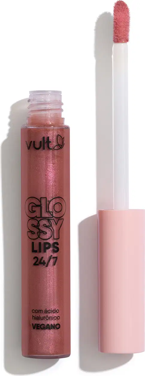 Glossy Lips 24/7, um brilho labial da marca Vult, em embalagem plástica rosa com tampa branca. O produto apresenta uma textura brilhante e cor rosada, com rótulo destacando seus ingredientes veganos e ácido hialurônico.