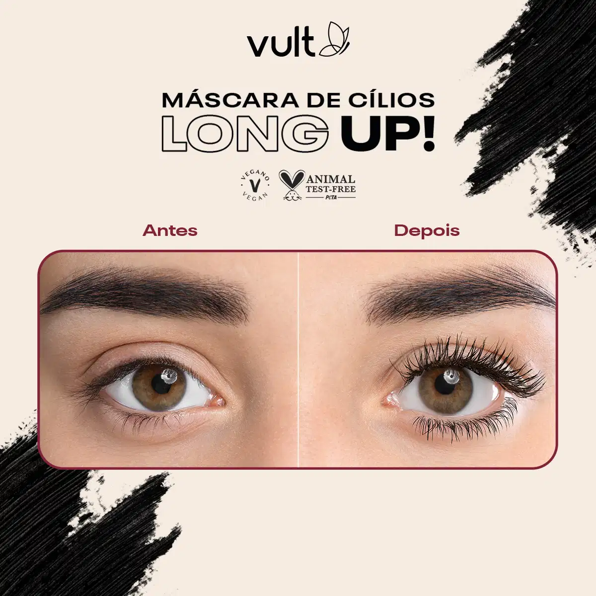 A imagem apresenta as informações da máscara de cílios "Long Up!": vegana e livre de testes em animais e compara o antes e depois do uso do produto, mostrando o efeito de alongamento e volume nos cílios.