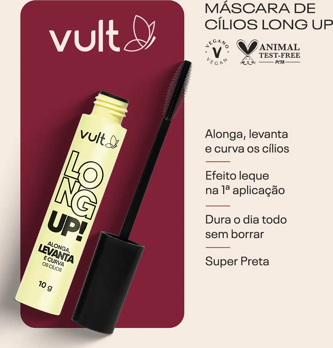 Card com as seguintes informações: Máscara de cílios long up! Alonga, levanta e curva os cílios. Efeito leque na 1ª aplicação. Dura o dia todo sem borrar. Super preta.