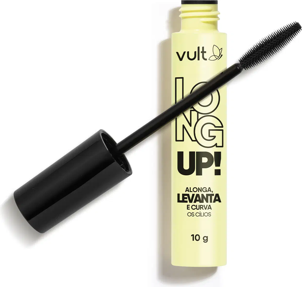 Frasco cilíndrico amarelo de Máscara de cílios com rótulo Long Up! em preto. Tampa preta com escova de rímel.