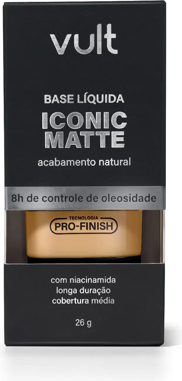 Caixa preta da marca Vult contendo base líquida Iconic Matte com acabamento natural, com tecnologia Pro-Finish e niacinamida, oferecendo cobertura média e longa duração.