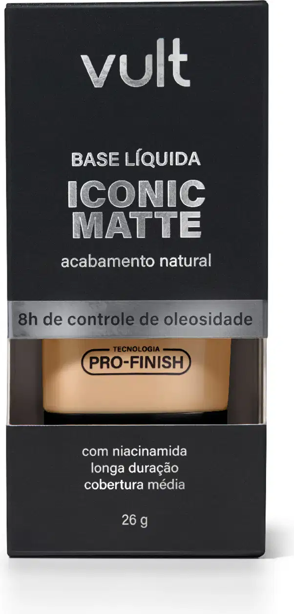 Caixa preta da marca Vult contendo base líquida Iconic Matte com acabamento natural, com informações sobre o produto e sua tecnologia Pro-Finish.