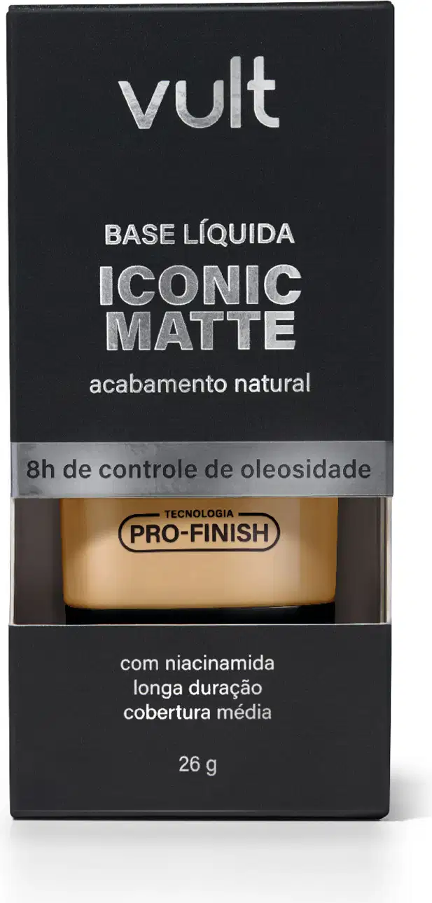 Caixa preta da marca Vult contendo base líquida Iconic Matte com acabamento natural e controle de oleosidade. Apresenta informações sobre a tecnologia Pro-Finish e ingredientes como niaci