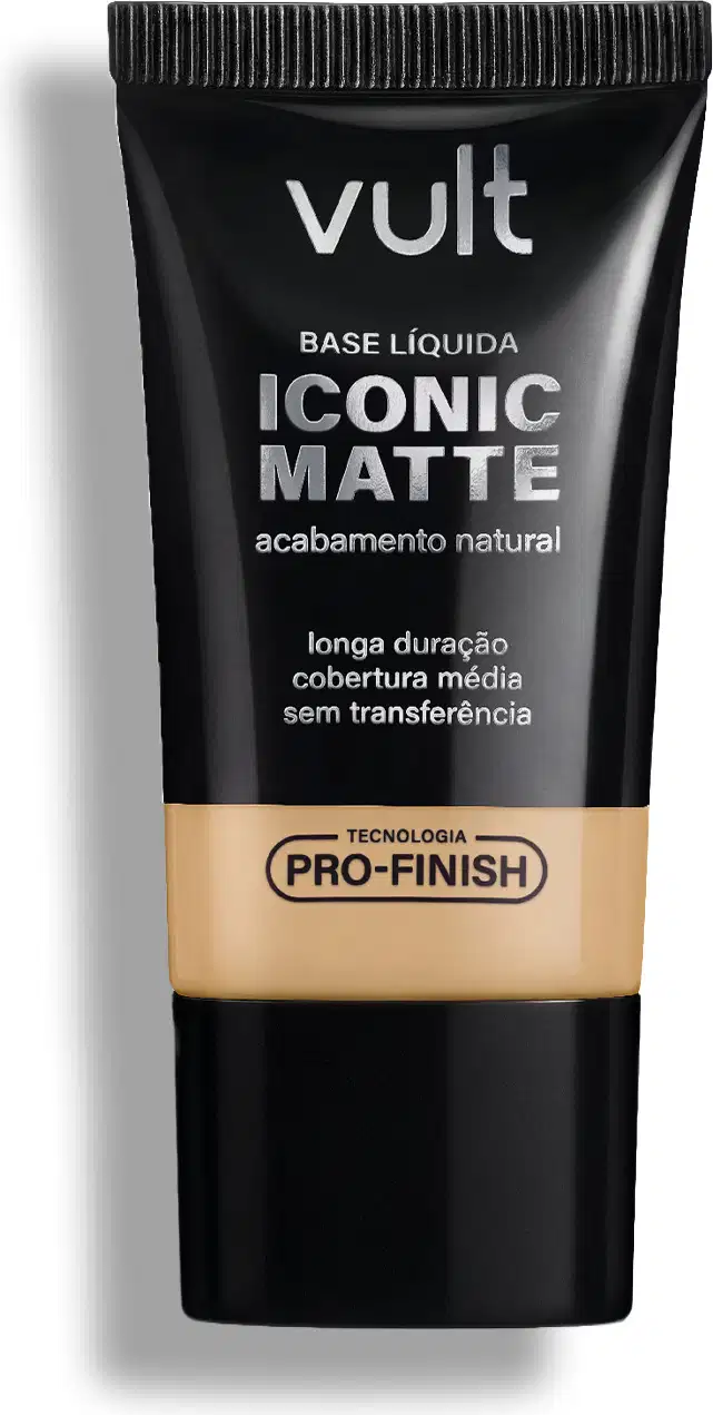 Tubo de base líquida Iconic Matte da marca Vult, com acabamento natural e longa duração. Embalagem preta com texto branco indicando a tecnologia Pro-Finish.
