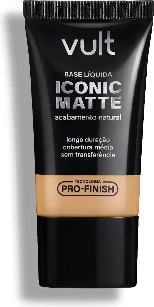 Tubo preto com rótulo da marca Vult contendo base líquida Iconic Matte, com acabamento natural e tecnologia Pro-Finish para longa duração e cobertura média sem transferência.