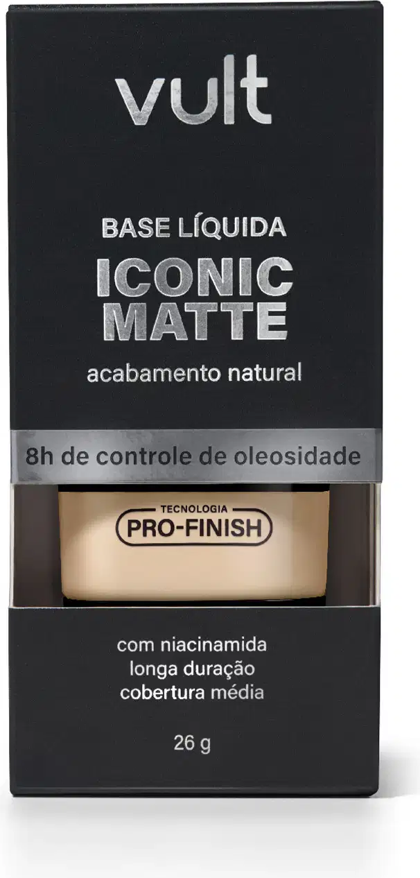 Caixa preta com logotipo Vult contendo base líquida Iconic Matte de acabamento natural, com tecnologia Pro-Finish e informações sobre o produto em destaque.