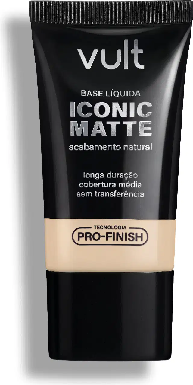 Tubo preto da marca Vult contendo base líquida Iconic Matte, com acabamento natural e longa duração. Apresenta tecnologia Pro-Finish para cobertura média sem transferência.