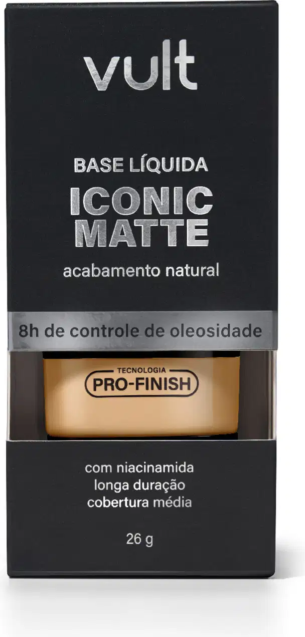 Caixa preta da marca Vult contendo base líquida Iconic Matte com acabamento natural e tecnologia Pro-Finish, com informações sobre duração e cobertura do produto.