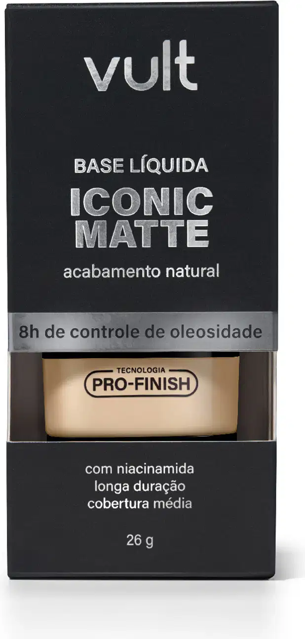 Caixa preta da marca Vult contendo base líquida Iconic Matte com acabamento natural, com informações sobre o produto e sua tecnologia Pro-Finish.