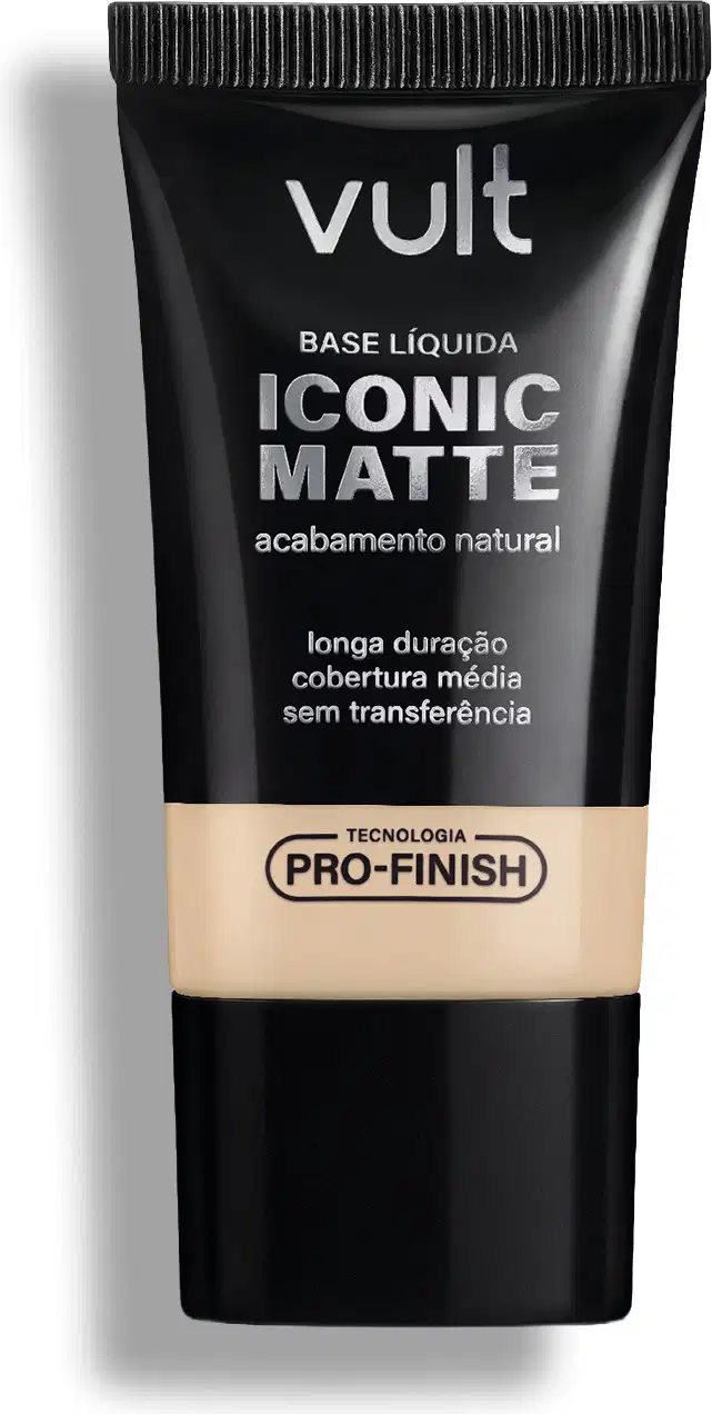 Tubo preto da marca Vult contendo base líquida Iconic Matte com acabamento natural, tecnologia Pro-Finish e cobertura média sem transferência.