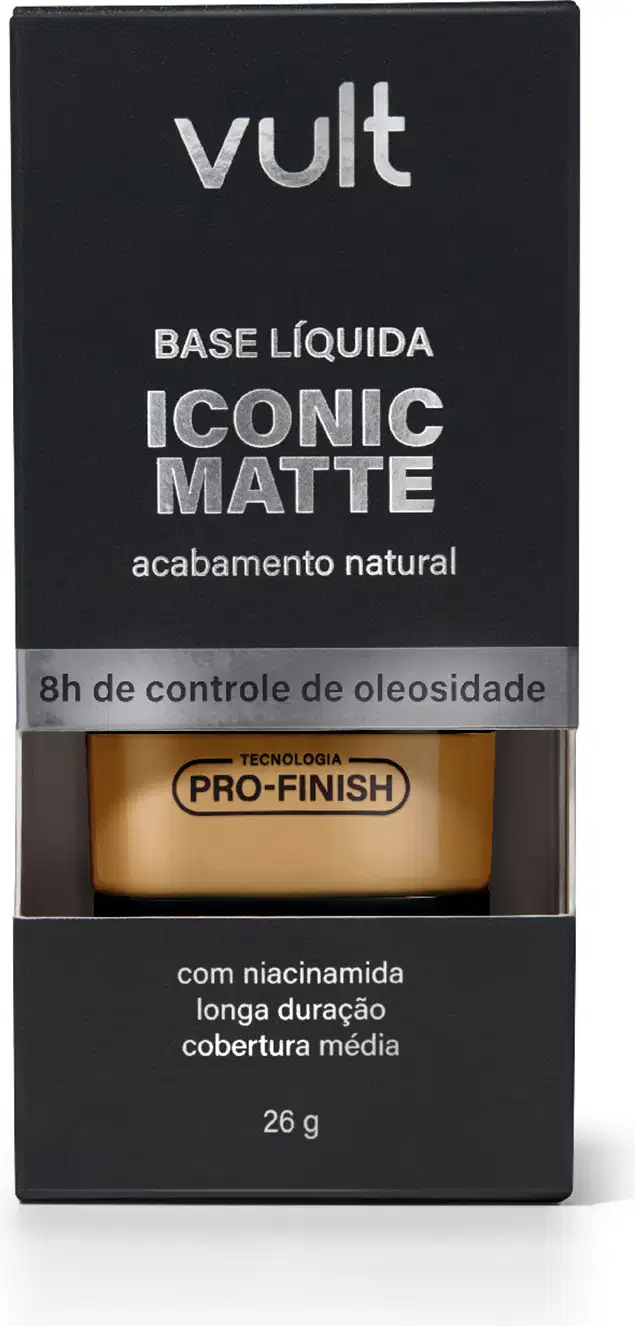 Caixa preta com logotipo Vult contendo base líquida de acabamento matte, com tecnologia Pro-Finish e niacinamida, com 26g de produto.