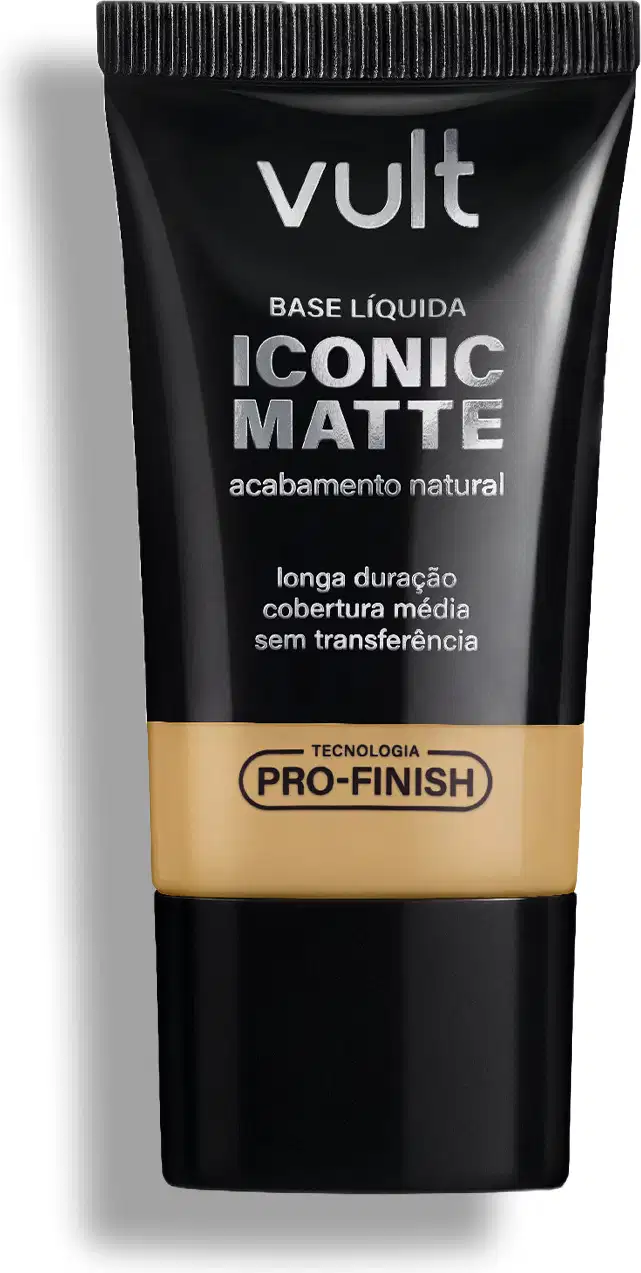 Tubo preto de base líquida Iconic Matte da marca Vult, com acabamento natural e tecnologia Pro-Finish, promovendo longa duração e cobertura média sem transferência.