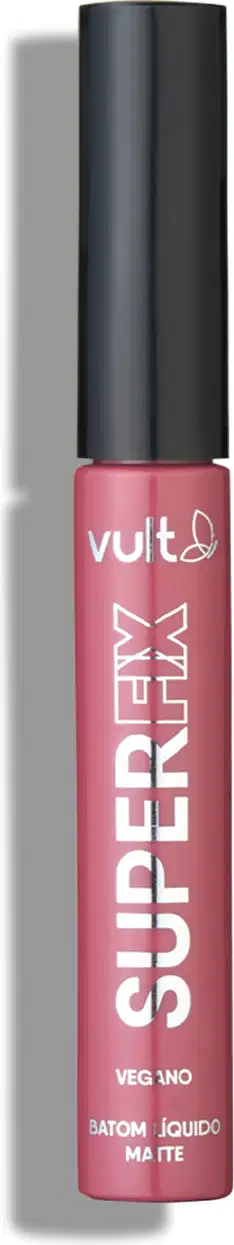 O produto apresentado é um batom líquido matte da marca Vult, na cor rosa queimado. A tampa é um tubo preto e a embalagem é transparente, mostrando a cor do produto vermelho por baixo.