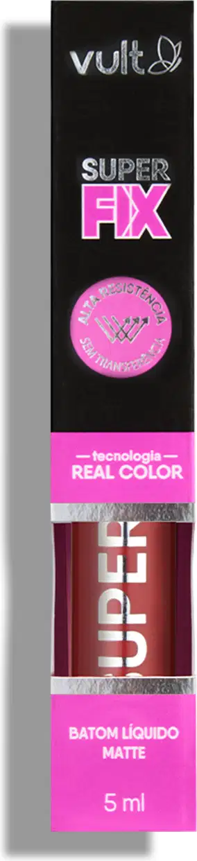 O produto apresentado é um batom líquido matte da marca Vult, da linha Super Fix. O produto está dentro da caixa, que é preta com detalhes em rosa, exibindo o logotipo da marca e o nome do produto.