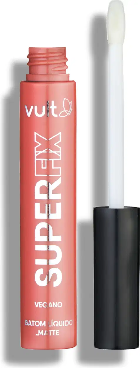 O produto apresentado é um batom líquido matte da marca Vult, na cor castanho. A embalagem é um tubo plástico castanho com o nome da marca e do produto visíveis. O aplicador é branco e alongado, típico de batons líquidos.