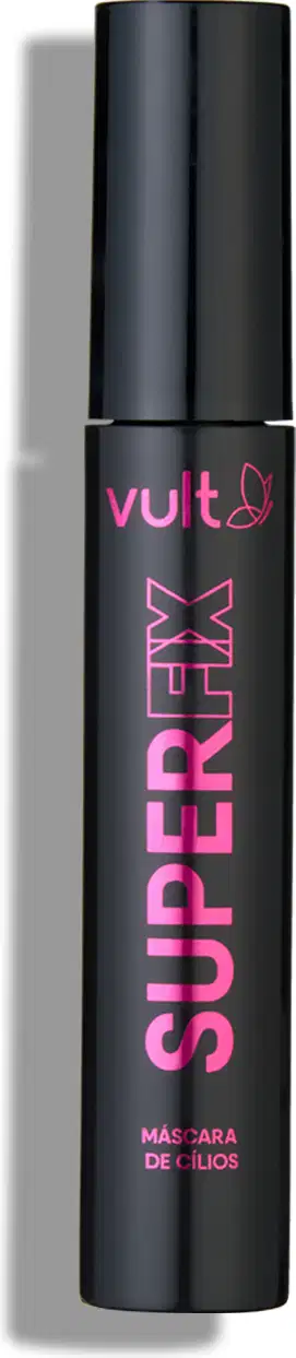 O produto apresentado na imagem é um rímel da marca Vult, com a embalagem na cor preta e o texto "SUPERFIX" em destaque na cor rosa. O rímel possui um formato cilíndrico e uma tampa preta.