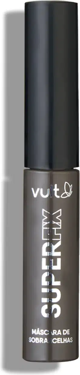 O produto apresentado na imagem é um item de maquiagem da marca Vult. Trata-se de uma máscara de sobrancelhas em um tubo escuro com escritos em branco, contendo o nome "Superfix" em destaque.