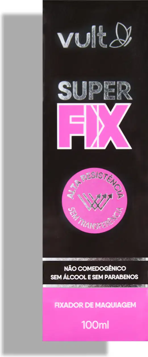 O produto apresentado é um fixador de maquiagem da marca Vult, chamado "Super Fix". A embalagem é uma caixa preta com o logo da marca e o nome do produto em destaque, com uma cor rosa vibrante.