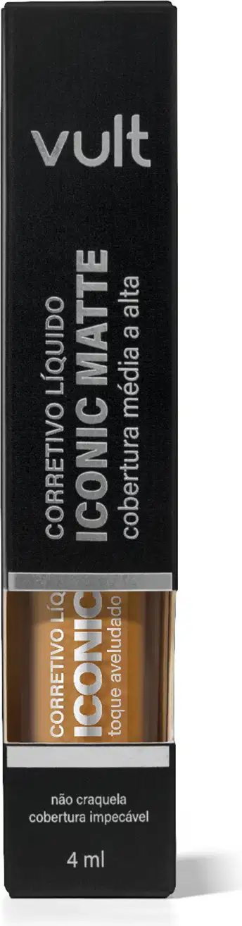 Embalagem preta retangular da marca Vult contendo item de maquiagem, com texto "Corretivo Líquido Iconic Matte" em destaque.
