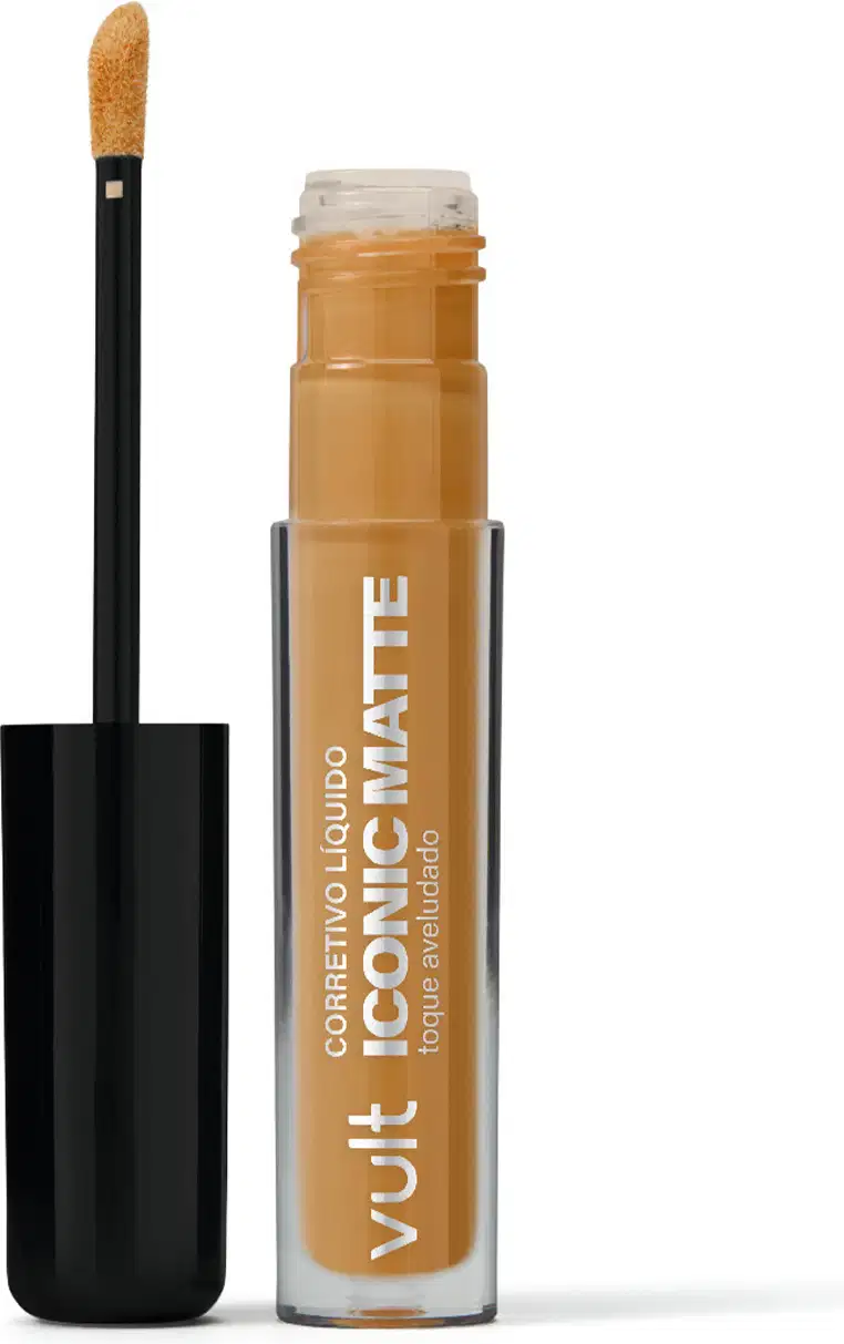 Corretivo Líquido da marca Vult Iconic Matte. Frasco transparente, com aplicador aberto ao lado.
