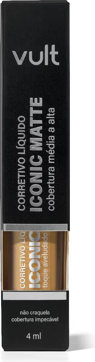 Embalagem preta retangular da marca Vult contendo item de maquiagem, com texto "Corretivo Líquido Iconic Matte" em destaque.
