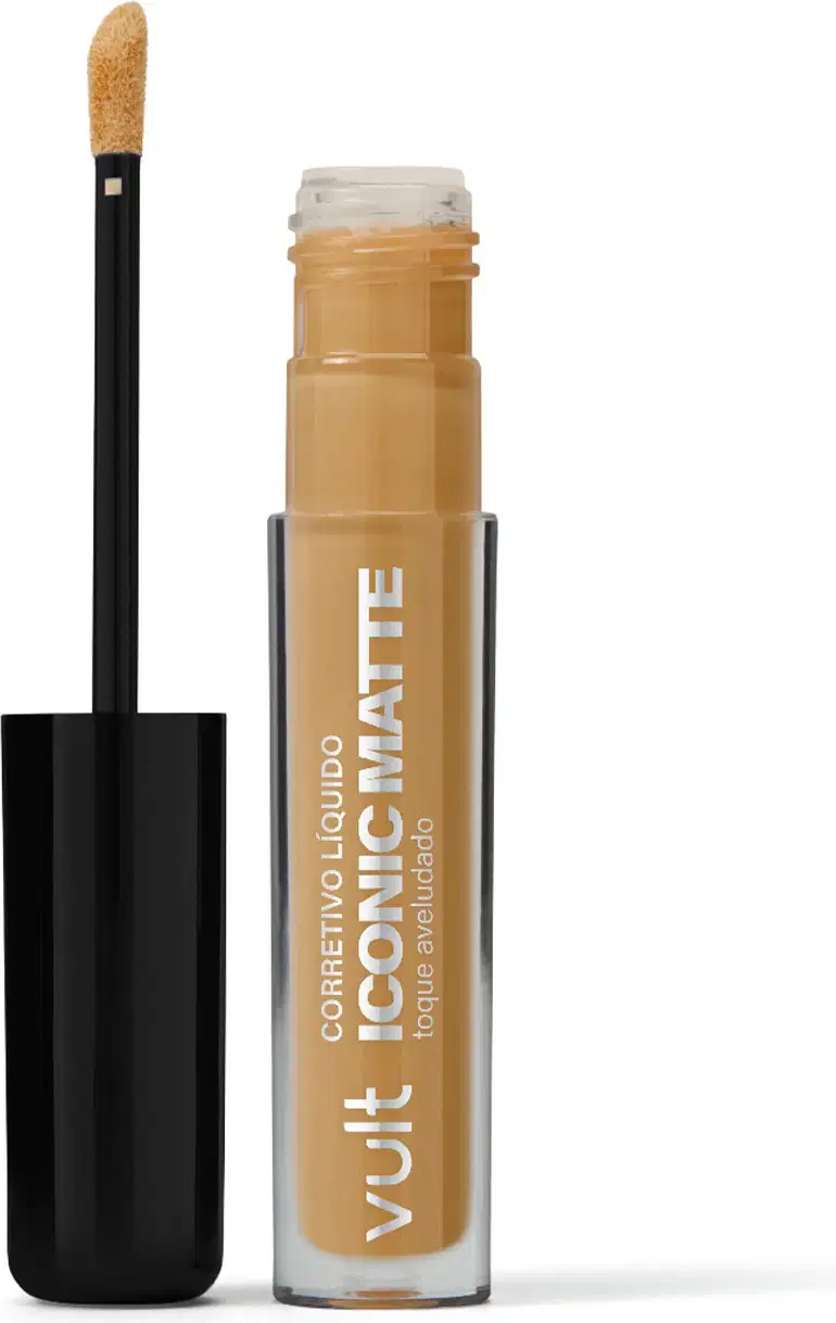 Corretivo Líquido da marca Vult Iconic Matte. Frasco transparente, com aplicador aberto ao lado.
