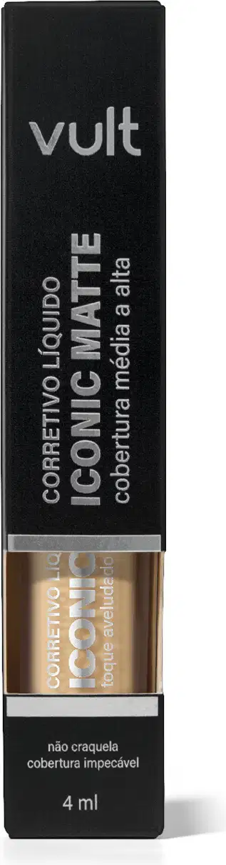 Embalagem preta retangular da marca Vult contendo item de maquiagem, com texto "Corretivo Líquido Iconic Matte" em destaque.

