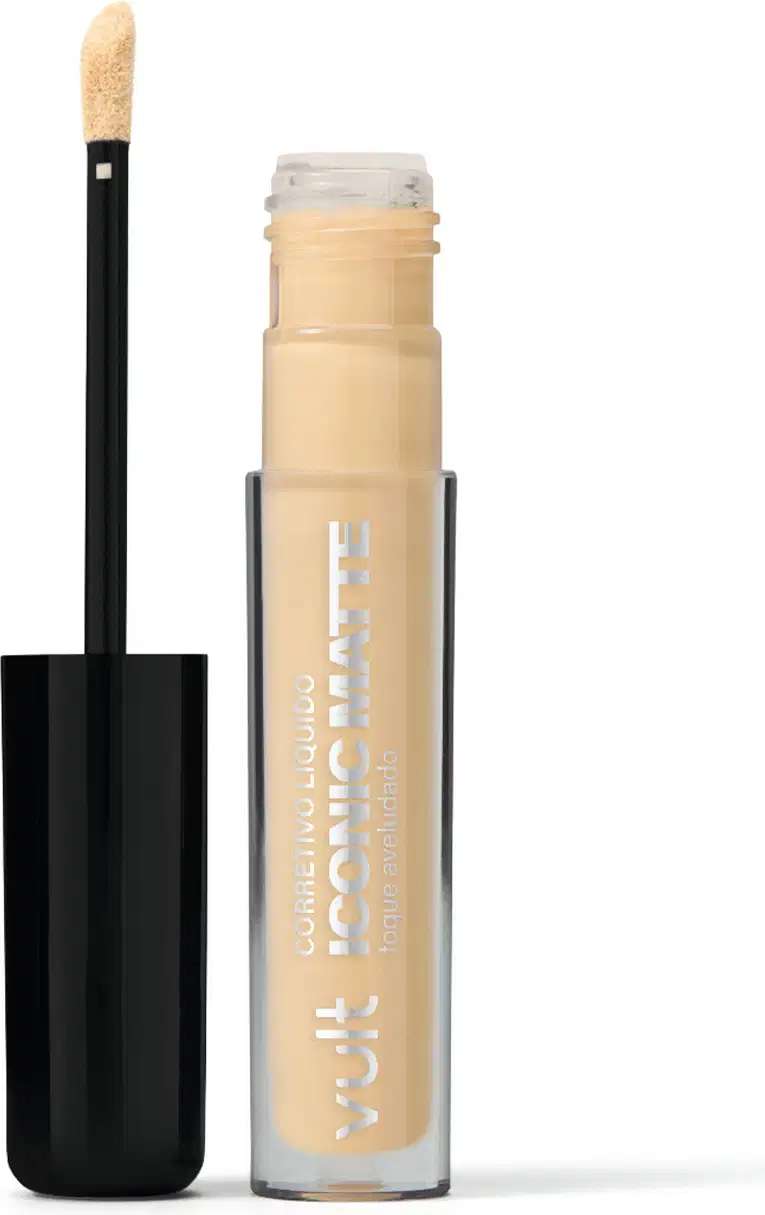 Corretivo Líquido da marca Vult Iconic Matte. Frasco transparente, com aplicador aberto ao lado.
