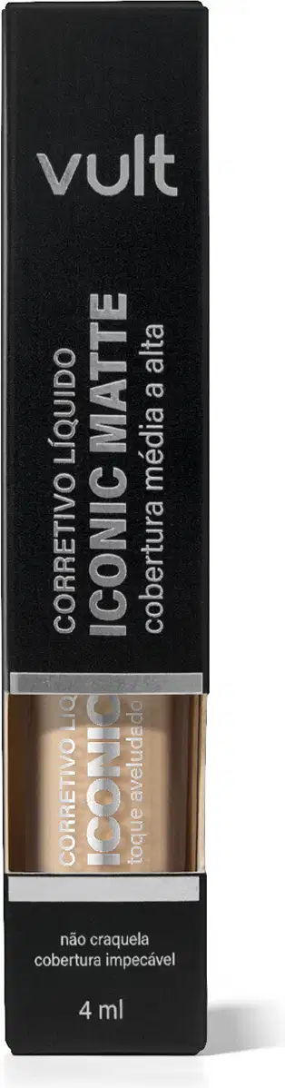 Embalagem preta retangular da marca Vult contendo item de maquiagem, com texto "Corretivo Líquido Iconic Matte" em destaque.