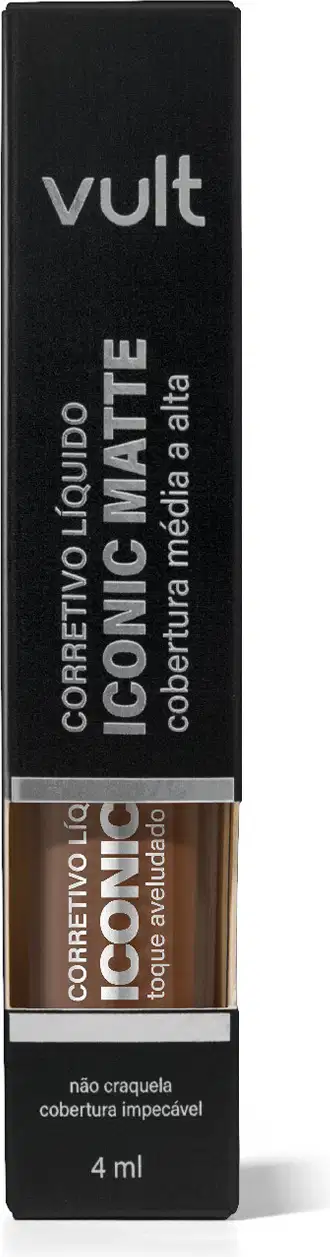 Embalagem preta retangular da marca Vult contendo item de maquiagem, com texto "Corretivo Líquido Iconic Matte" em destaque.
