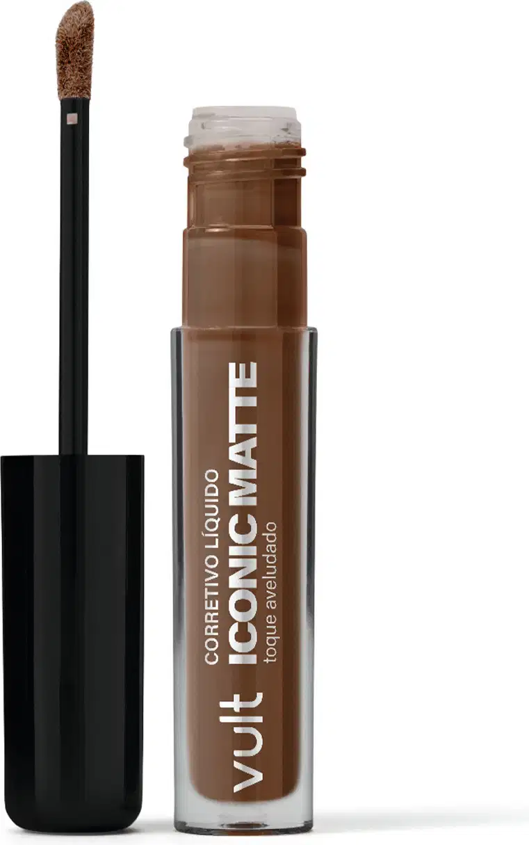 Corretivo Líquido da marca Vult Iconic Matte. Frasco transparente, com aplicador aberto ao lado.
