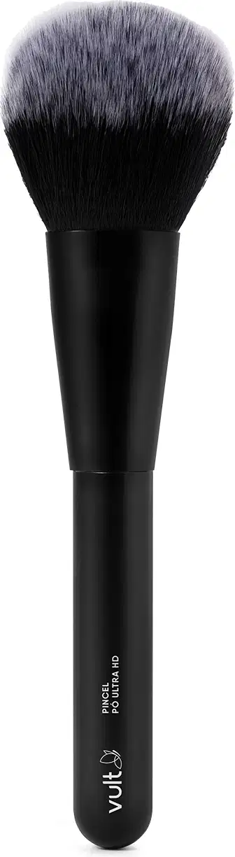 Pincel de maquiagem grande para pó. Cabo preto longo com a marca Vult impressa. Formato arredondado e denso ideal para aplicação uniforme de produtos em pó.