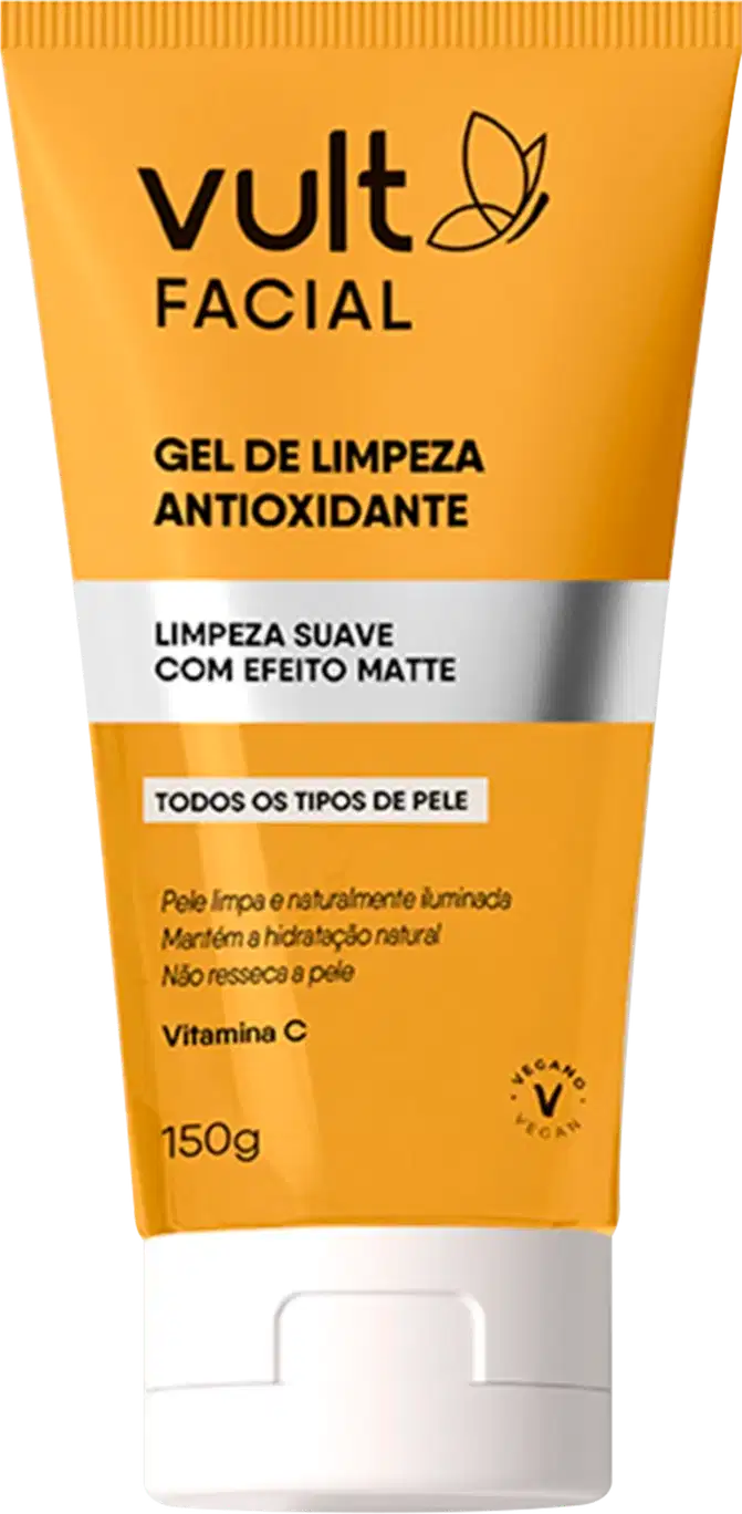 Gel de limpeza facial antioxidante Vult. Embalagem plástica amarela com detalhes em branco. Rótulo com o nome do produto "Gel de Limpeza Antioxidante" e informações adicionais como "Limpeza suave com efeito matte" e "Todos os tipos de pele". Contém 150g.