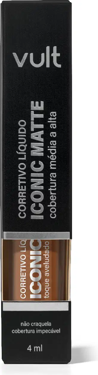 Embalagem preta retangular da marca Vult contendo item de maquiagem, com texto "Corretivo Líquido Iconic Matte" em destaque.
