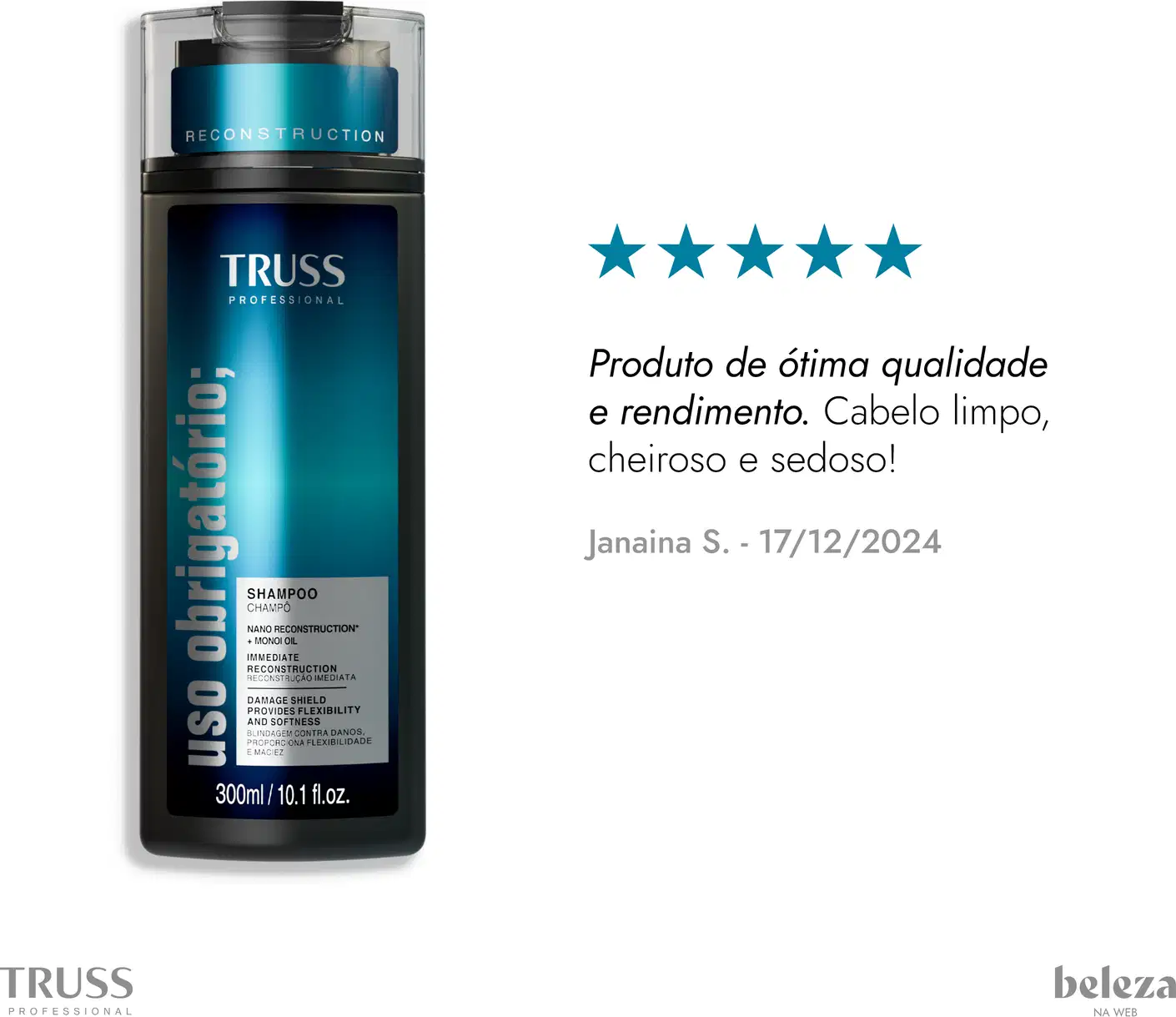 Frasco de shampoo da marca TRUSS Professional, com design moderno e cores azul e preto. Rótulo indica "Uso obrigatório" e destaca benefícios como reconstrução e maciez dos cabelos.