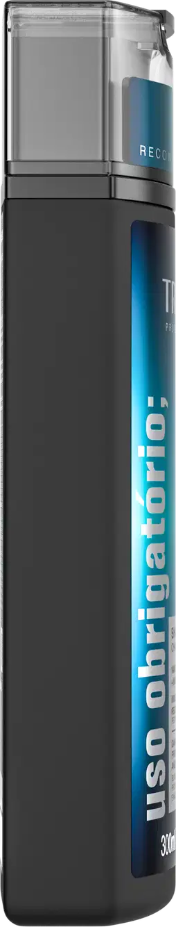 Frasco preto e azul da linha Truss, com rótulo indicando "Uso obrigatório", contendo um produto de beleza com aplicador na parte superior.