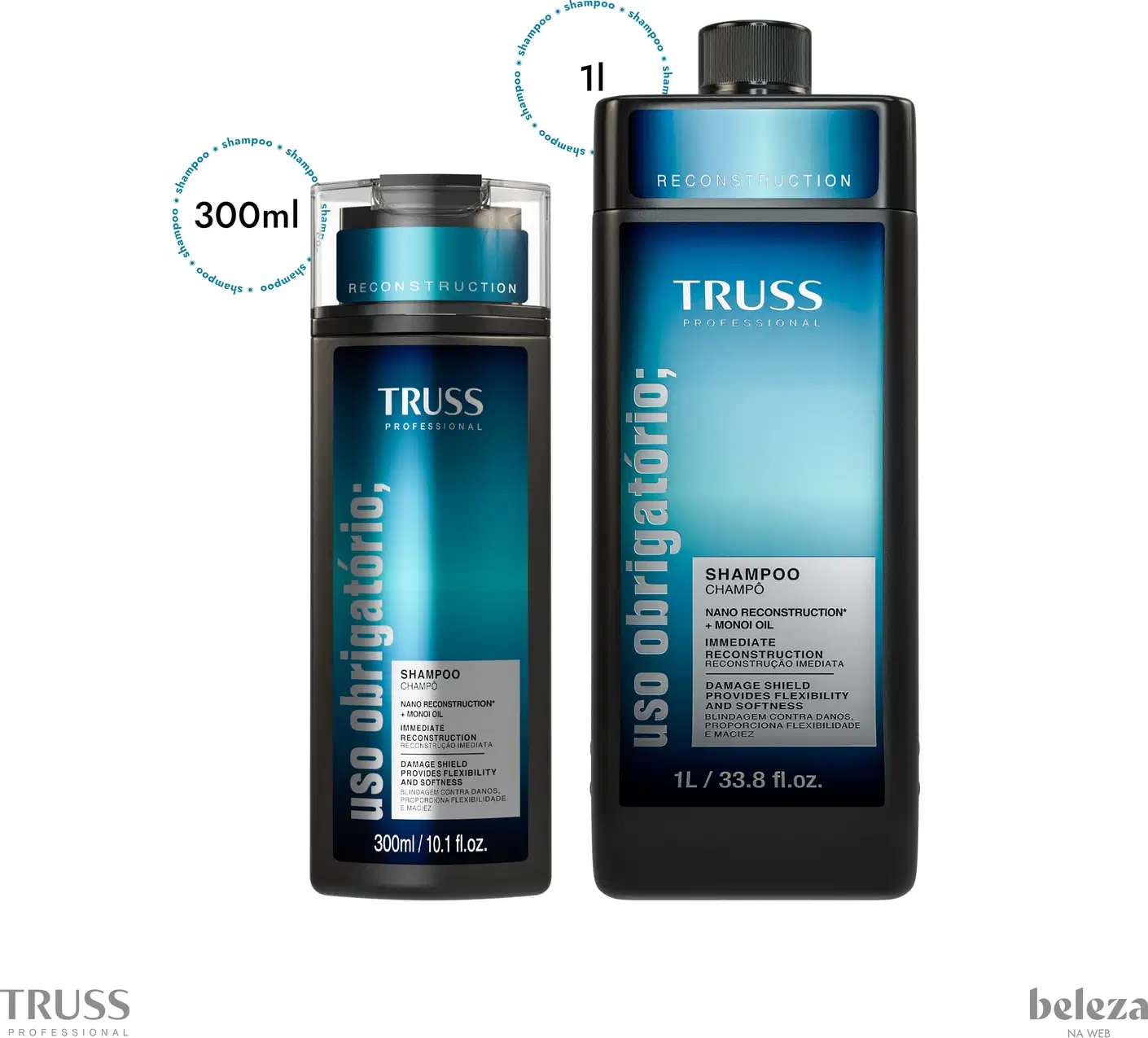 Dois frascos de shampoo da marca TRUSS Professional, com embalagem em tons de azul e preto, contendo 300ml e 1L. Os rótulos destacam os benefícios do produto, como reconstrução e proteção dos cabelos.
