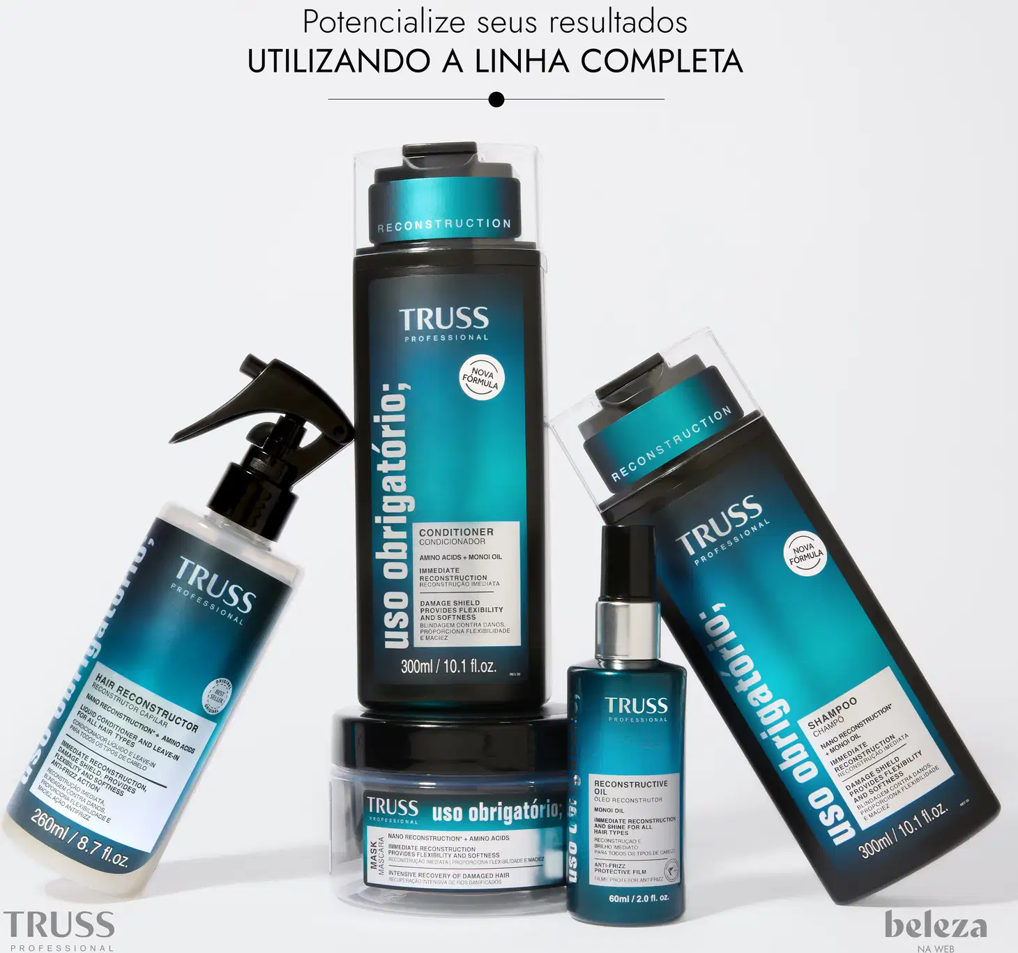 Linha completa de produtos Truss Professional, incluindo shampoo, condicionador, óleo reconstrutor e embalagens em cores azul e preta. Destaque para a nova fórmula e informações sobre os benefícios dos produtos.