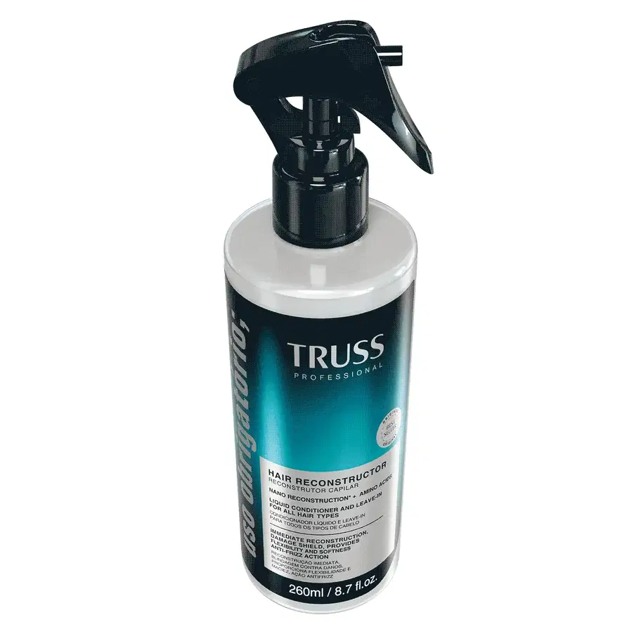 Imagem em gif do TRUSS Uso Obrigatório. O produto é um reconstrutor capilar líquido, com indicação de uso para todos os tipos de cabelo. A embalagem é azul com preto e possui 260ml.
