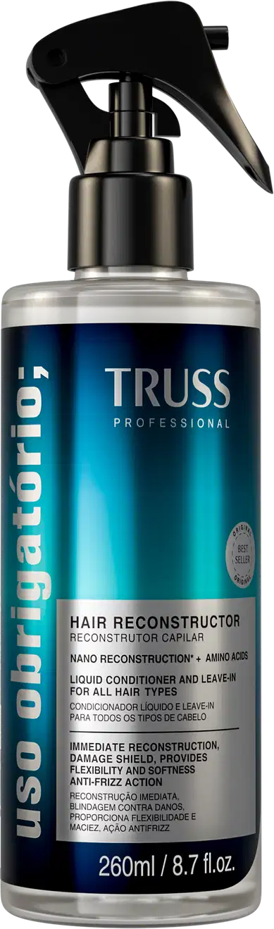 Frasco de spray preto e azul do Uso Obtigatório da marca Truss Professional, contendo 260ml de "Hair Reconstructor", um condicionador líquido para todos os tipos de cabelo, com reconstrução imediata e proteção contra danos.