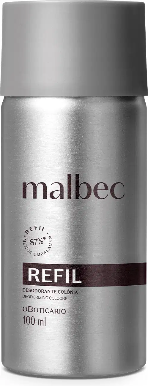Imagem de um refil de item de desodorante colônia da marca Malbec, em embalagem metálica prateada com tampa, contendo 100 ml de produto, com rótulo em tom escuro exibindo o nome da marca.