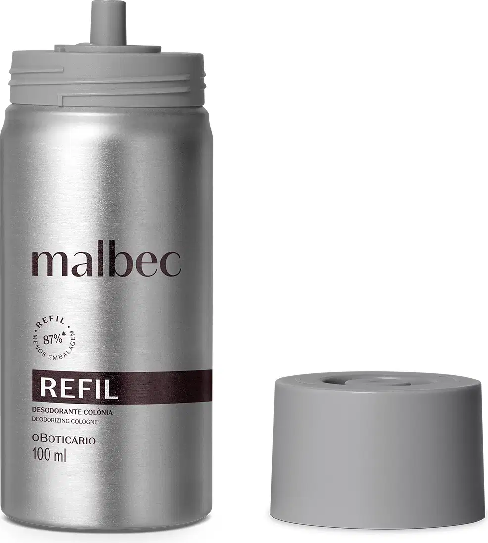 Imagem de um refil de desodorante colônia da marca Malbec em embalagem metálica prateada com rótulo em tom escuro, contendo 100 ml do produto.