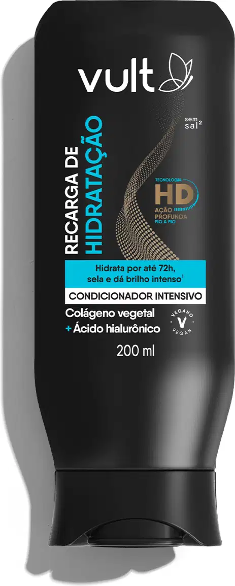 O produto apresentado é um condicionador intensivo da marca Vult, com embalagem preta e azul. O rótulo destaca a "Tecnologia HD" e menciona que o produto hidrata por até 72 horas, com colágeno vegetal e ácido hialurônico. O tamanho do produto é de 200 ml.