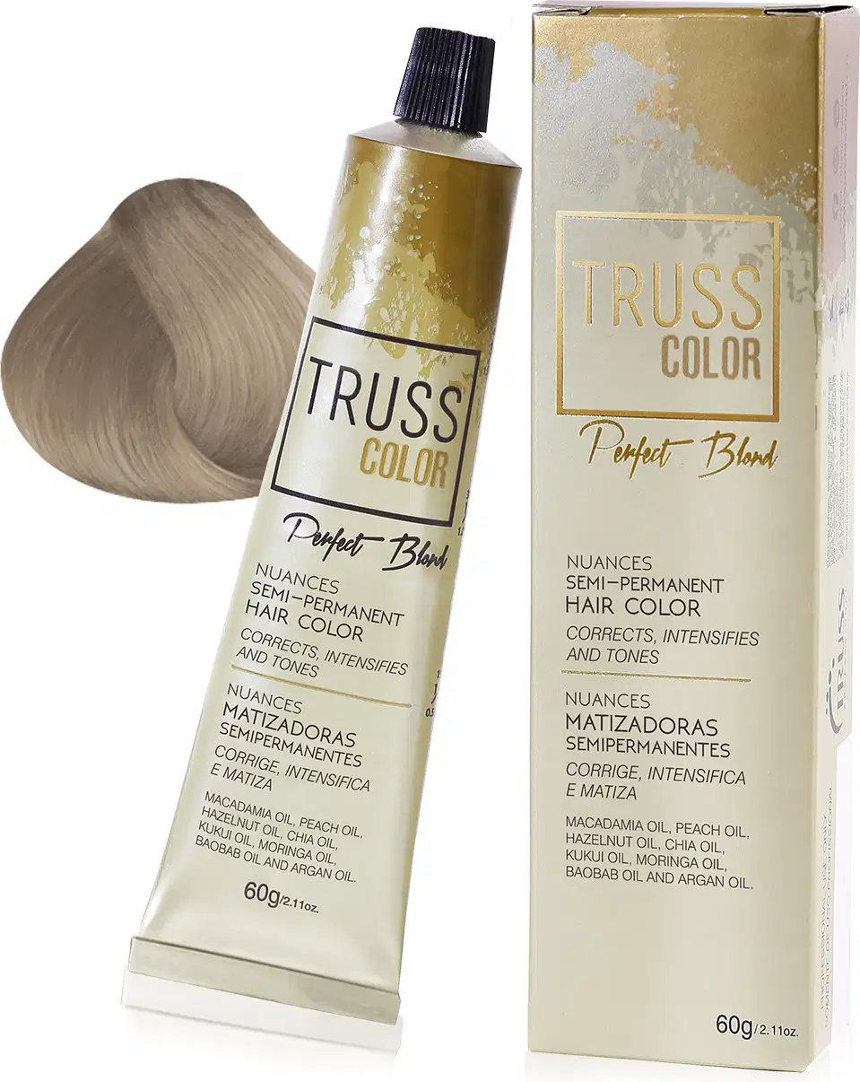 Produto de coloração semi-permanente da marca TRUSS, em embalagem de tubo e caixa de papelão, com rótulos indicando a cor "Perfect Blond" e informações sobre os ingredientes e benefícios do produto.