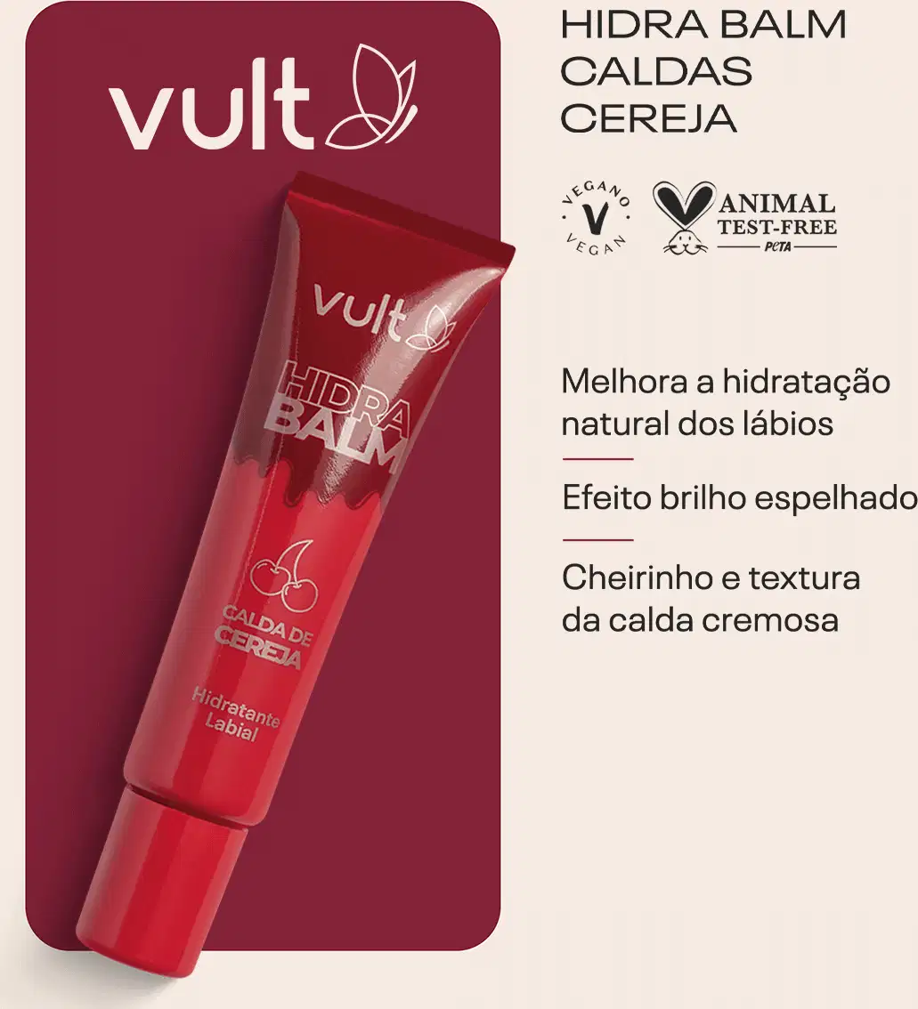 Card do produto com as informações: Hidra balm caldas cereja. Melhora a hidratação natural dos lábios. Efeito brilho espelhado. Cheirinho e textura da calda cremosa.